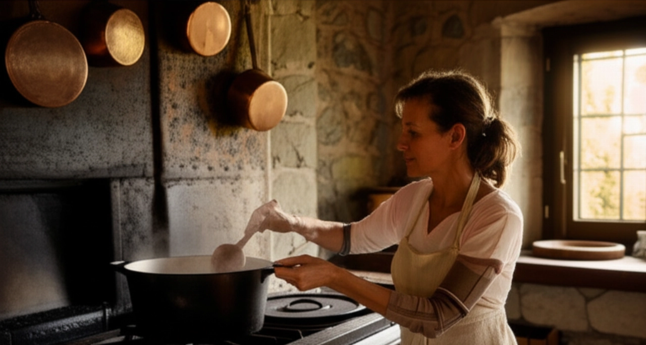 Mujer caucásica en una cocina rústica preparando Acquacotta Maremmana en una olla de hierro fundido, con luz natural.
