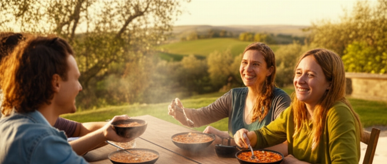 Familia caucásica sentada en una mesa rústica al aire libre, en una granja de la Maremma, disfrutando de tazones humeantes de Acquacotta al atardecer.