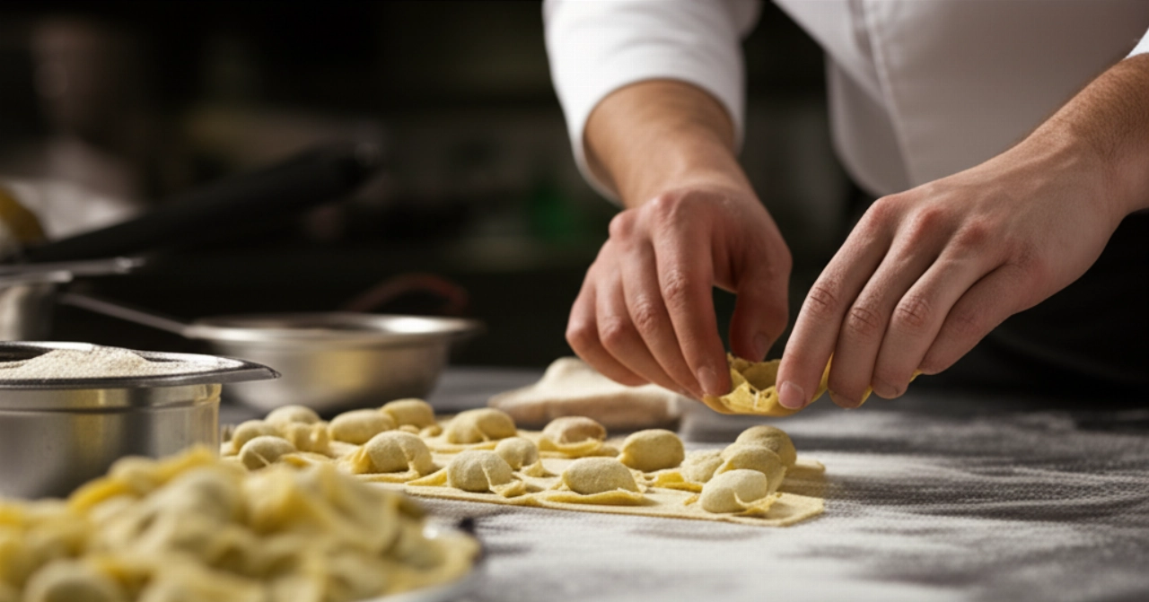 Mani esperte di uno chef caucasico che impiattano con cura agnolotti del plin freschi in una cucina professionale, con un'illuminazione calda che esalta i dettagli.