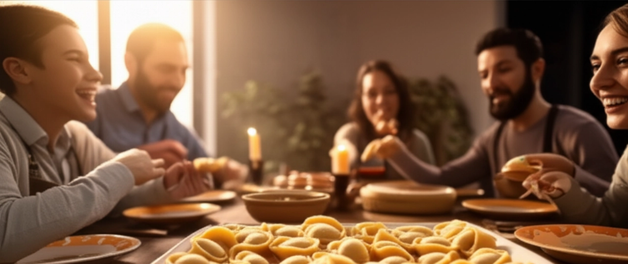 Scena iperrealistica di una famiglia caucasica sorridente che condivide e gusta agnolotti del plin attorno a un tavolo rustico in una sala da pranzo accogliente, illuminata da luce naturale calda.