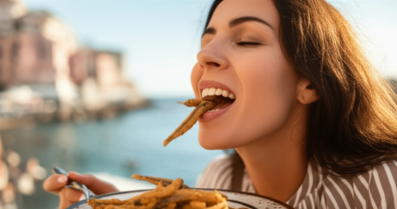 Donna caucasica sorridente che gusta un boccone di alici fritte in una trattoria di mare italiana, con sfondo sfocato del mare.