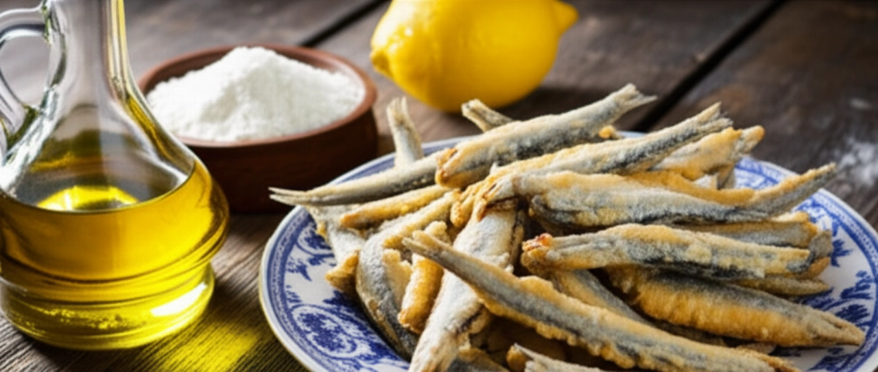 Composizione iperrealistica su tavolo di legno con alici fresche, farina, olio, limone e un piatto di alici fritte, che mostra gli ingredienti e il piatto finito.