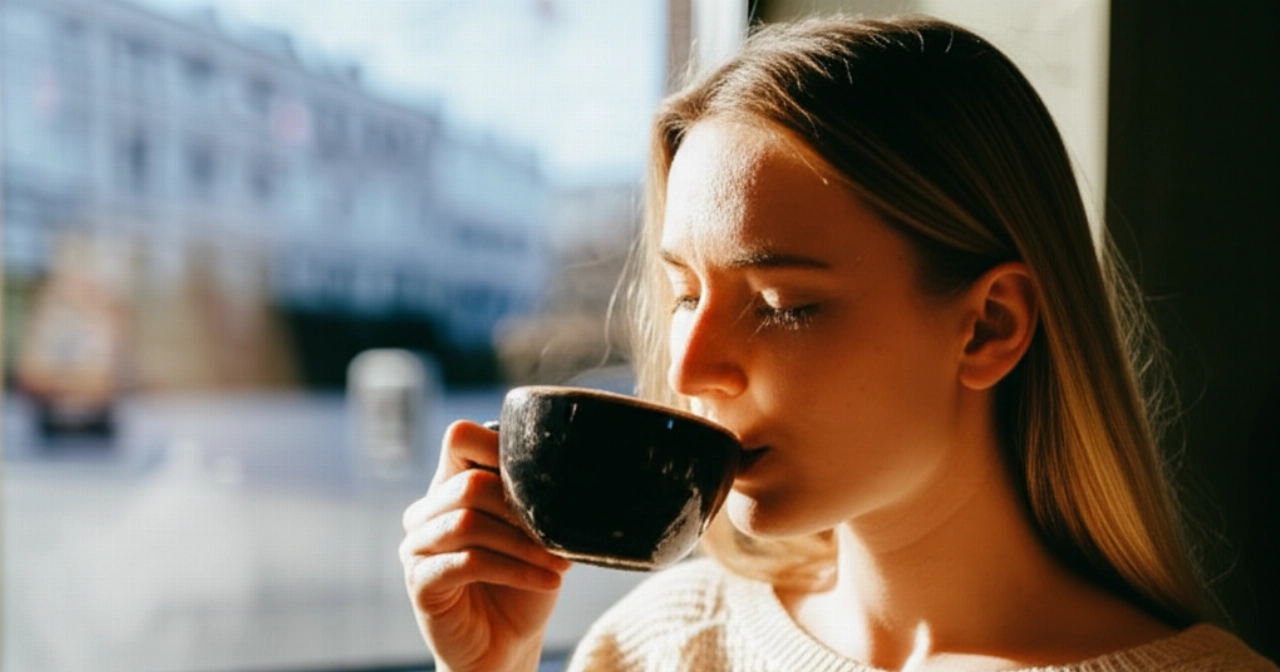 Donna caucasica elegante che sorseggia un caffè Americano in un caffè illuminato dal sole, con uno sfondo urbano sfocato.