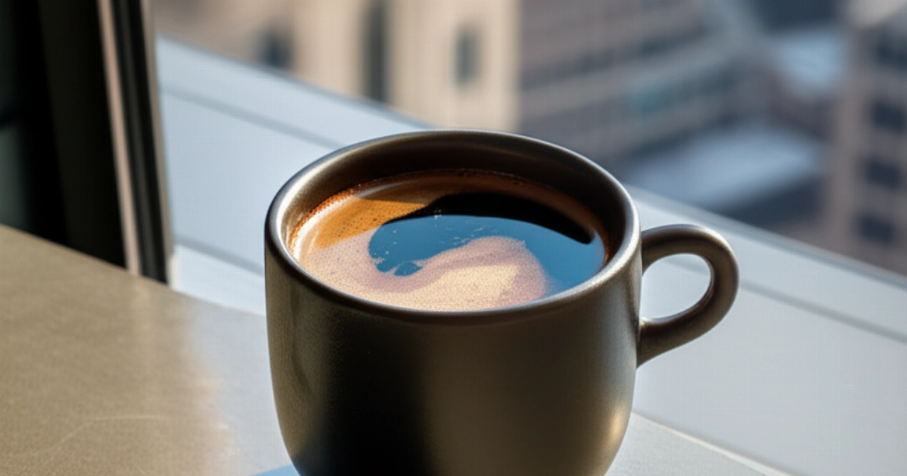 Tazza di caffè Americano iperrealistica su un tavolo di cemento, con uno sfondo sfocato di skyline urbano al mattino.