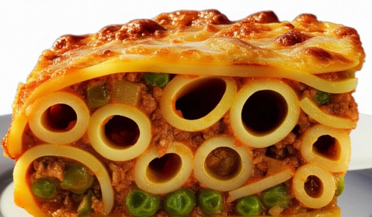 Primo piano iperrealistico di una fetta di Anelletti al Forno su un piatto bianco, che mostra gli strati interni e la crosta dorata.