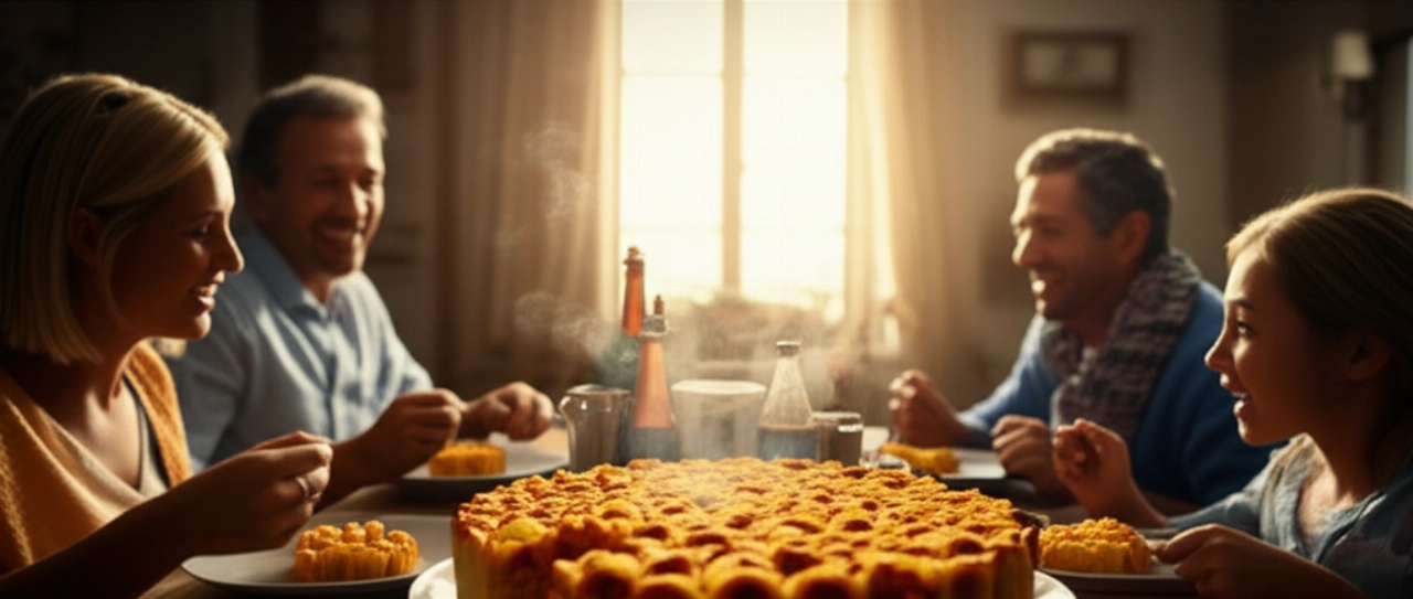 Una famiglia caucasica sorridente riunita attorno a un tavolo, che condivide un grande Anelletti al Forno in un'atmosfera calda e accogliente.