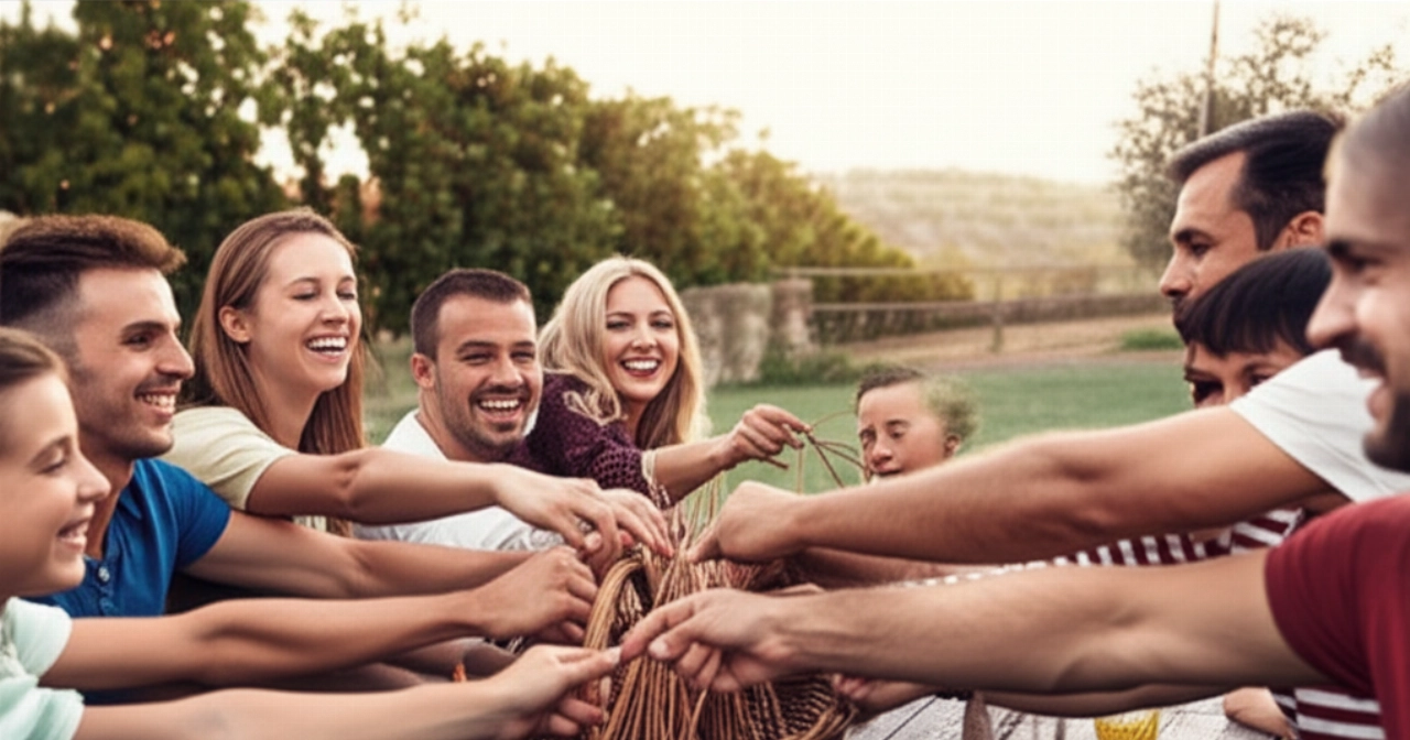 Gruppo di amici e familiari caucasici che condividono arrosticini a un tavolo rustico all'aperto, in un'atmosfera gioiosa e conviviale nella campagna italiana.