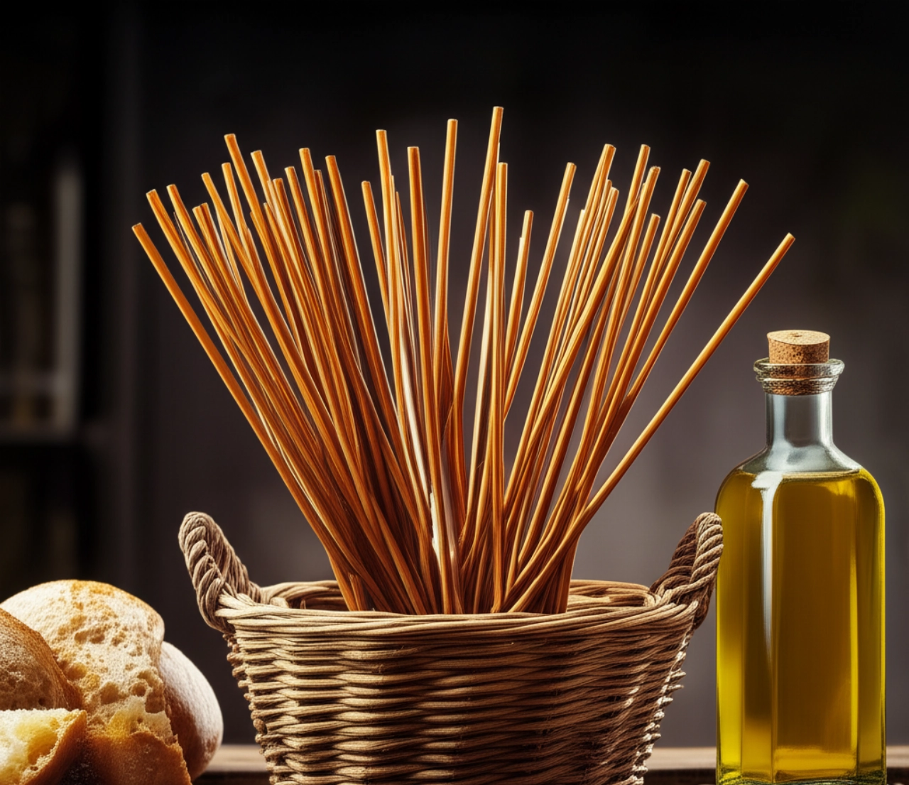 Cesto iperrealistico di arrosticini cotti alla perfezione, serviti su un tavolo di legno rustico con pane e olio d'oliva, in uno stile fotografico professionale.