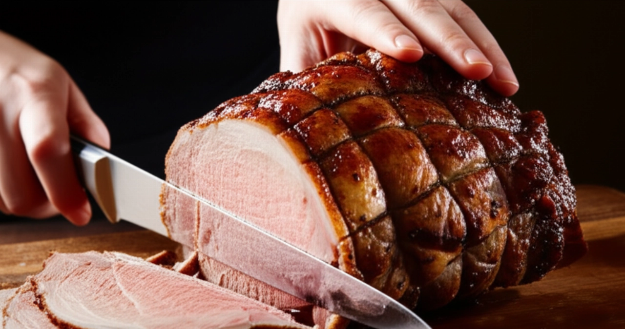 Primer plano hiperrealista de una mano caucásica rebanando un suculento asado de ternera sobre una tabla de cortar de madera, mostrando el interior tierno y jugoso de la carne.