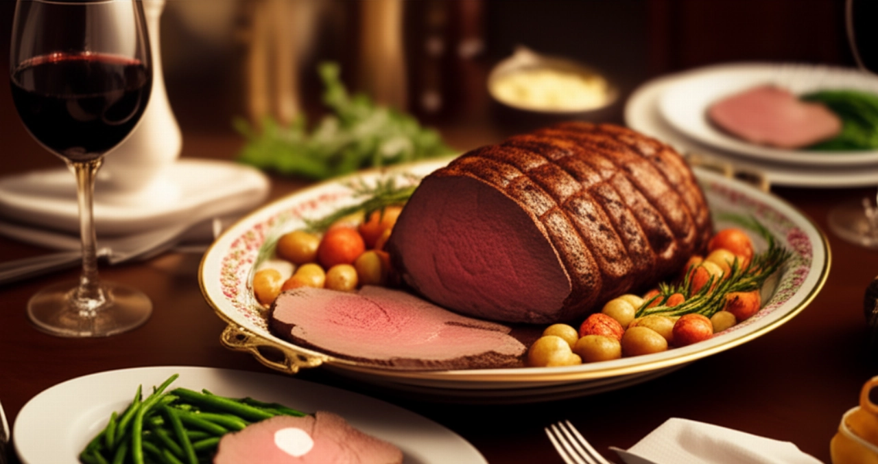 Una mesa hiperrealista puesta con un asado de ternera en rodajas como plato principal, acompañado de verduras asadas, una copa de vino tinto y cubiertos elegantes, en un ambiente cálido y acogedor.