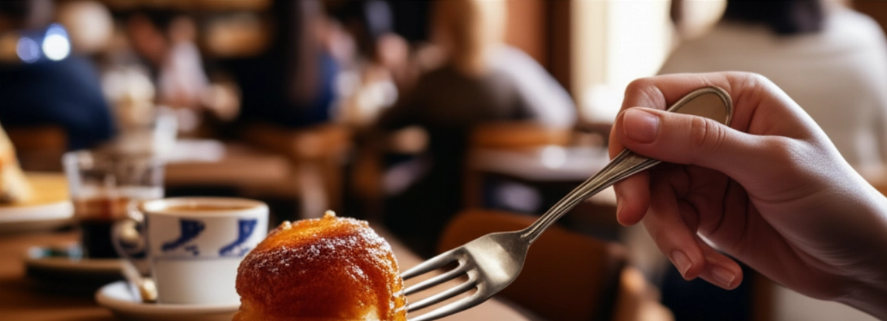 Una mano caucasica che si protende con una forchetta verso un babà al rum lucido, in un'atmosfera calda di caffè italiano.