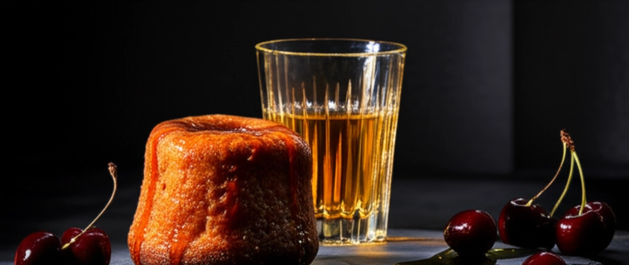 Composizione iperrealistica di un babà al rum su ardesia scura, con un bicchiere di rum e ciliegie, illuminata da luce drammatica.