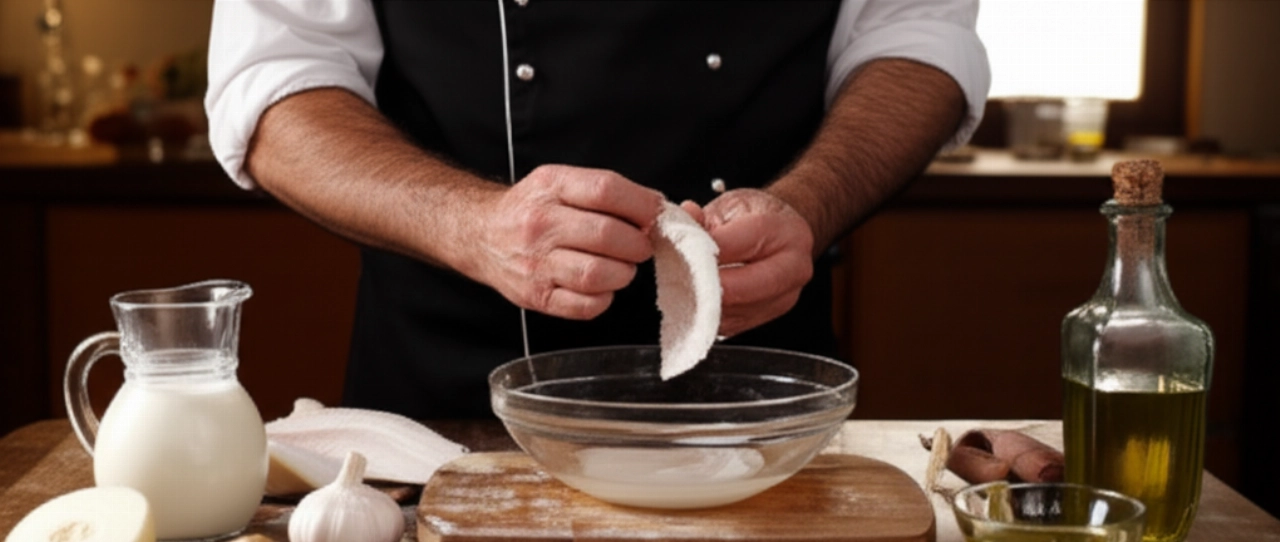 Mains d'un chef caucasien préparant de la morue dans une cuisine traditionnelle italienne, avec des ingrédients frais sur la table.