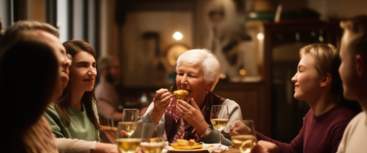 Famille caucasienne dégustant du Baccalà alla Vicentina dans une trattoria italienne, avec une atmosphère chaleureuse et accueillante.