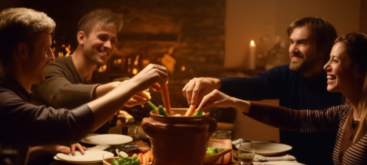 Gruppo di quattro amici caucasici che condividono un pasto a base di Bagna Càuda attorno a un tavolo di legno, in un'atmosfera conviviale e calda.