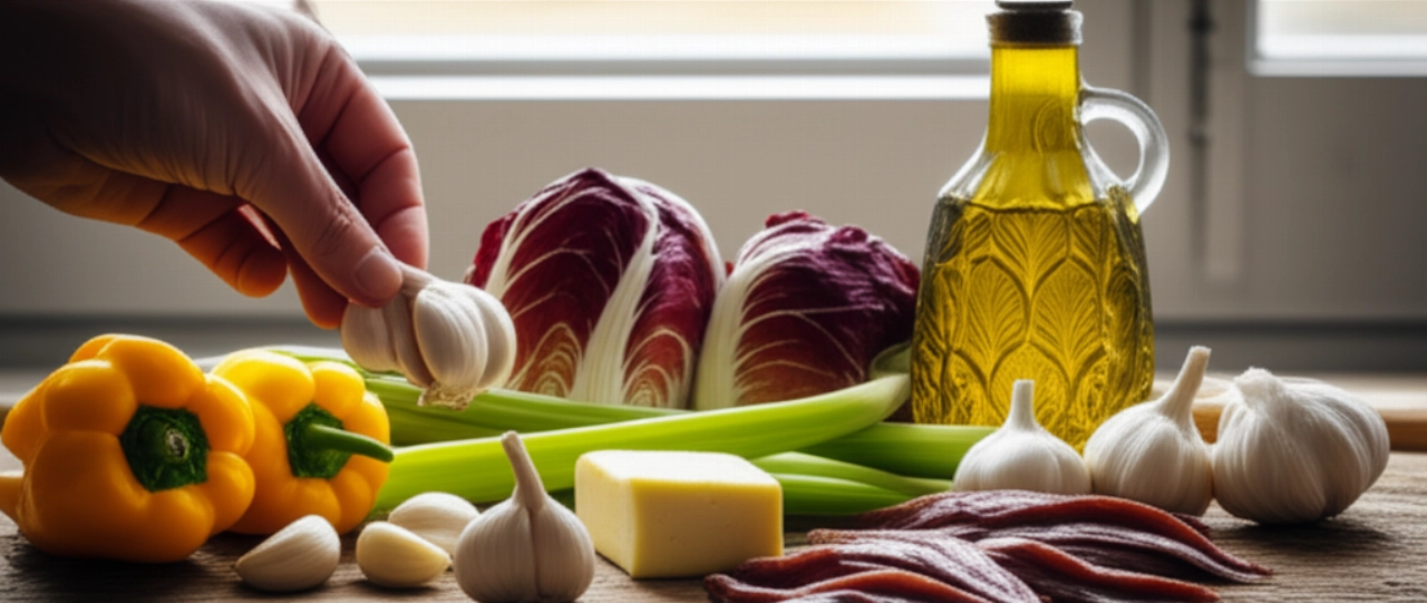 Natura morta iperrealistica con gli ingredienti freschi per la Bagna Càuda, come aglio, acciughe e verdure colorate, disposti su un tagliere di legno.