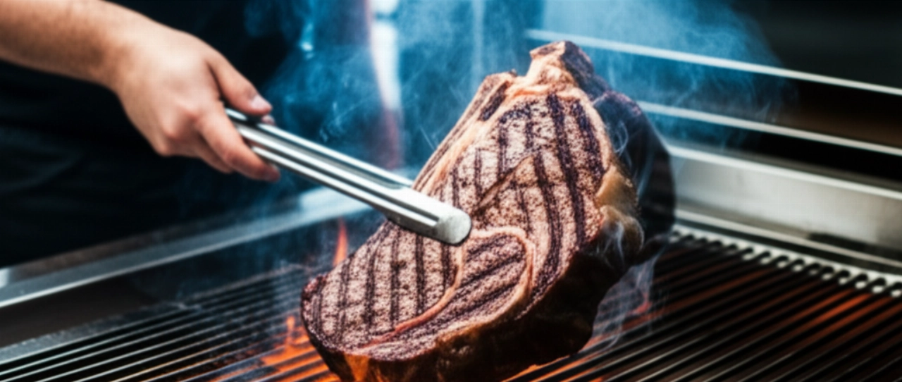 Manos de un cocinero girando un Bistecca alla Fiorentina en una parrilla al rojo vivo, con humo y llamas.