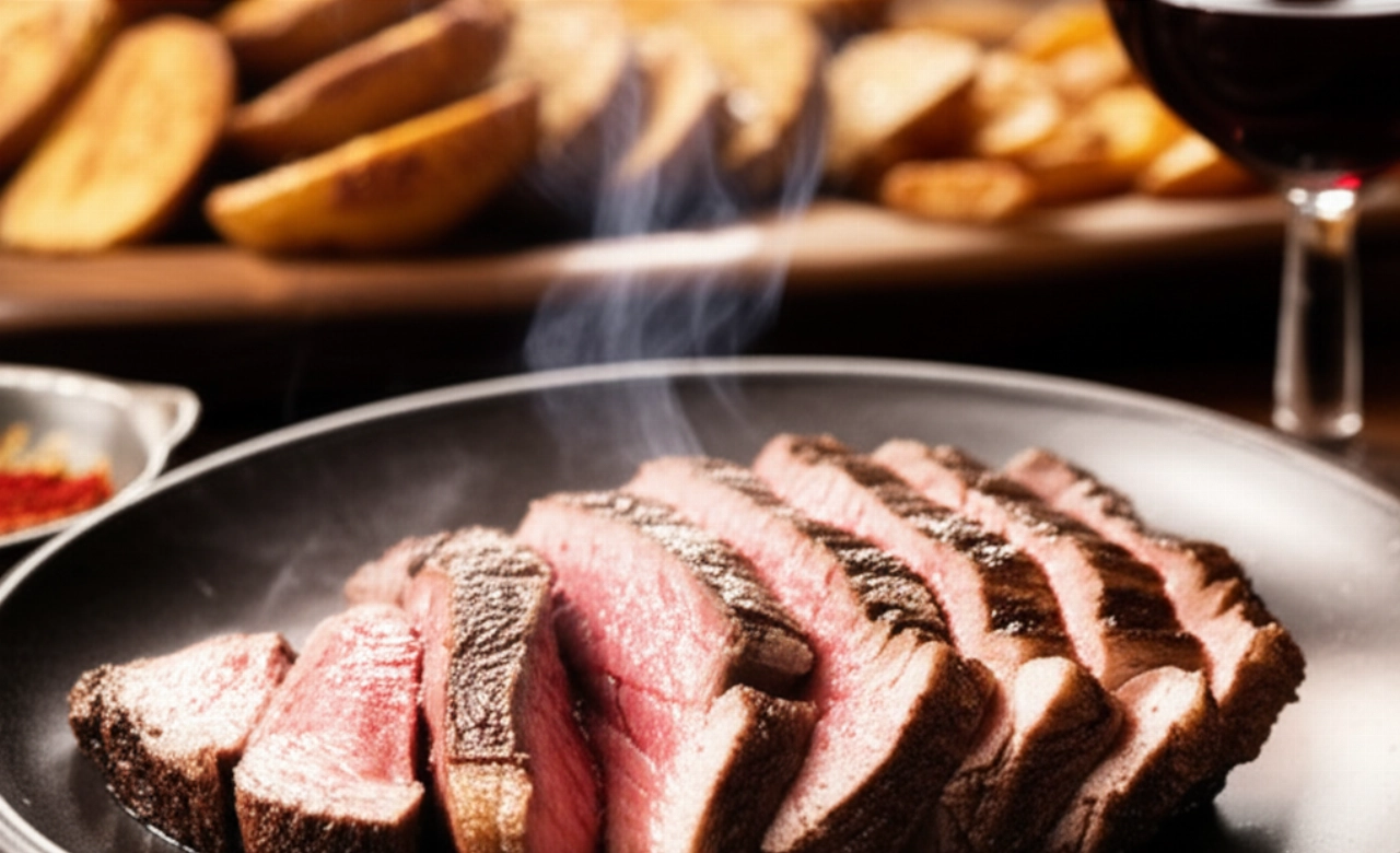 Bistecca alla Fiorentina hiperrealista en rodajas y emplatada con guarnición y una copa de vino al fondo.