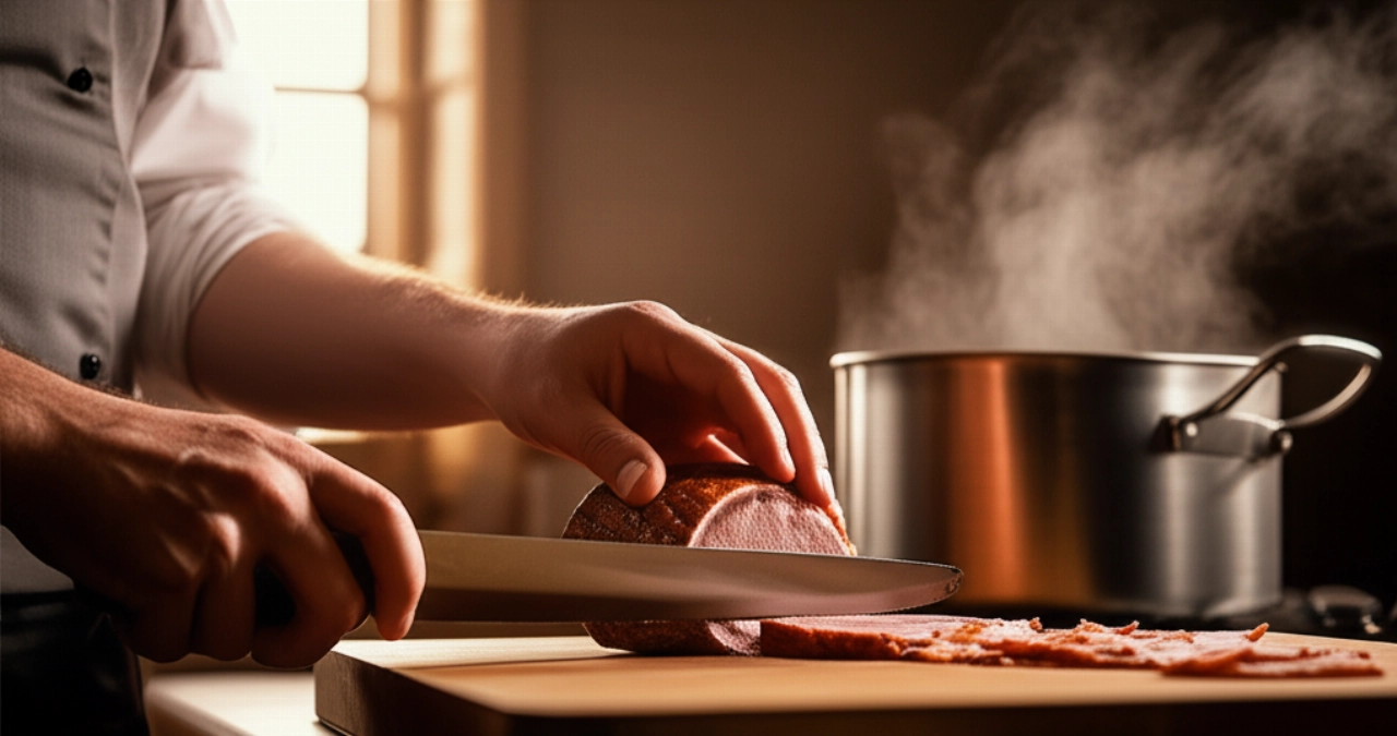 Mani di uno chef caucasico che affettano delicatamente il cotechino, con una pentola fumante di Bollito Misto sullo sfondo in una cucina tradizionale.