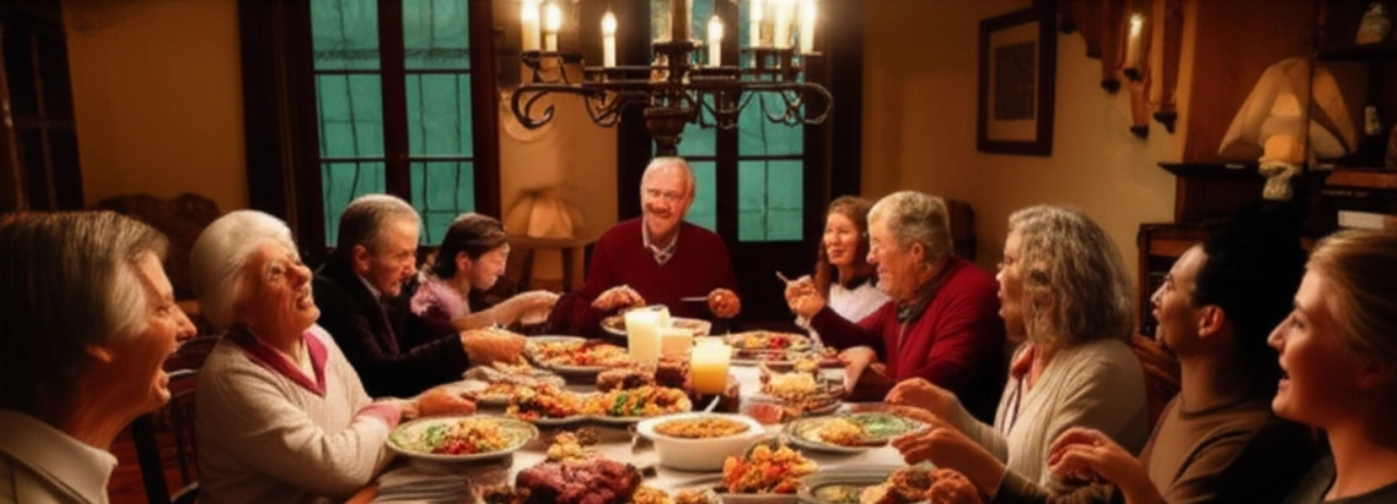 Una famiglia caucasica multigenerazionale riunita attorno a un tavolo, sorridente e intenta a gustare un abbondante Bollito Misto in un ambiente domestico accogliente.