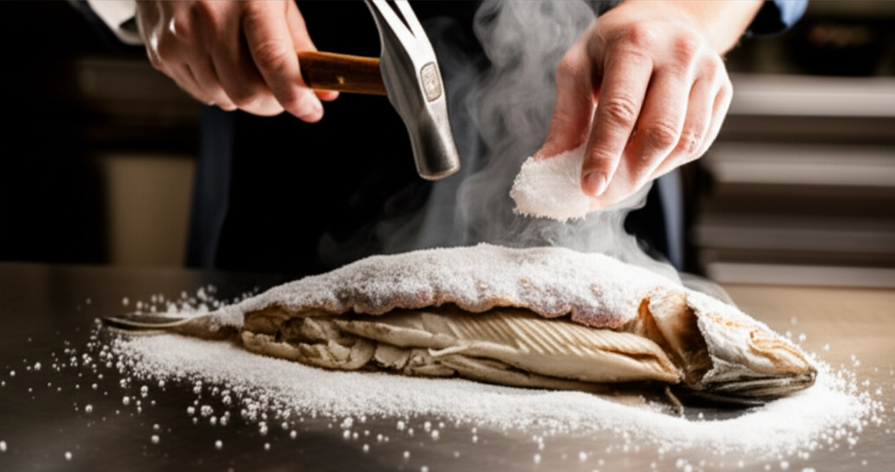 Nahaufnahme der Hände eines kaukasischen Kochs, der die Salzkruste eines Wolfsbarschs aufbricht und den perfekt gegarten und dampfenden Fisch enthüllt.