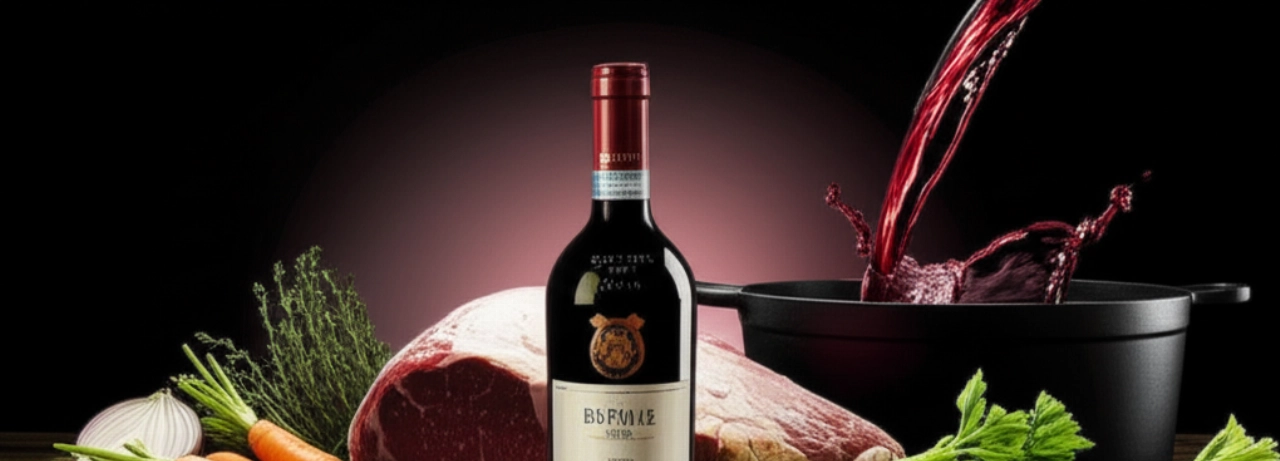Bodegón hiperrealista con los ingredientes clave para el brasato al Barolo: una botella de vino Barolo, carne cruda, verduras frescas y hierbas aromáticas sobre una mesa de madera.