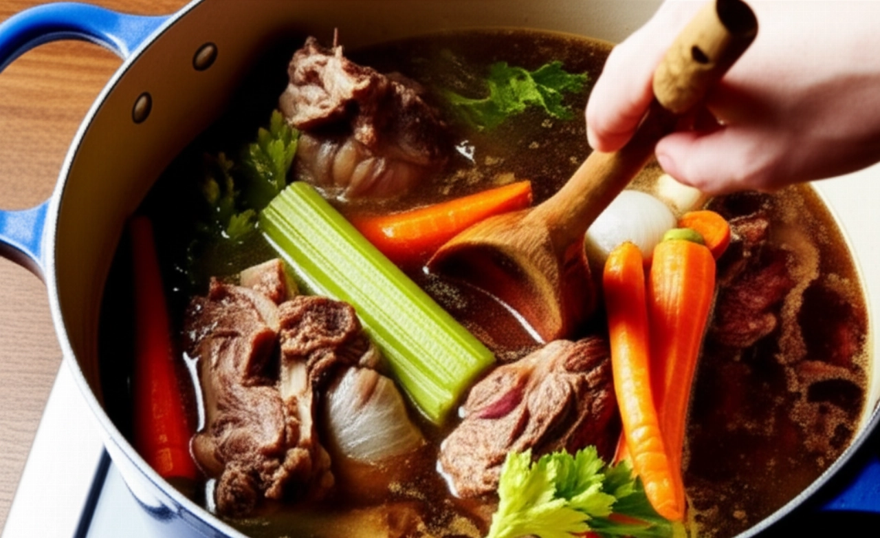 Гиперреалистичный крупный план кастрюли с мясным бульоном, кипящим на плите, с видимыми говяжьими костями и овощами, и кавказской рукой, помешивающей.