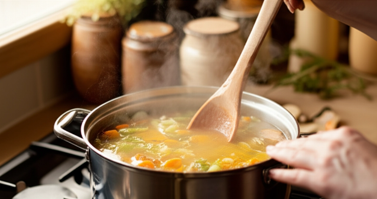 Scena iperrealistica di mani caucasiche che mescolano brodo vegetale fumante in una pentola su un fornello in una cucina rustica e accogliente.