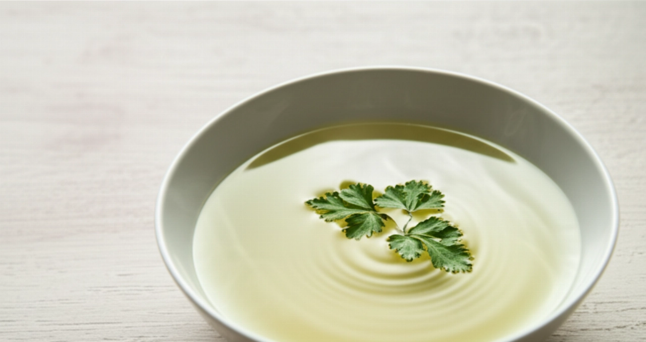Ciotola di brodo vegetale fumante e limpido, guarnito con prezzemolo fresco, su un tavolo di legno chiaro, in una composizione iperrealistica ed elegante.