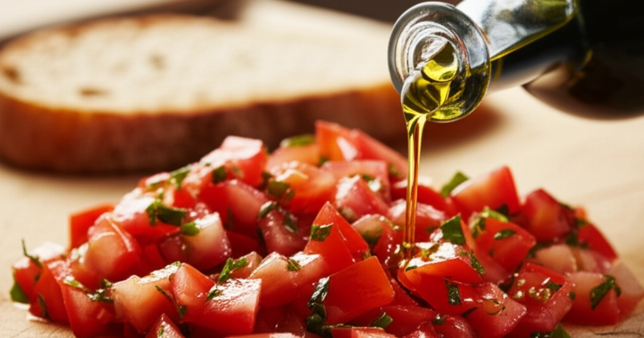 Primo piano iperrealistico di mani caucasiche che condiscono pomodori e basilico su un tagliere in legno, per la preparazione meticolosa della bruschetta.
