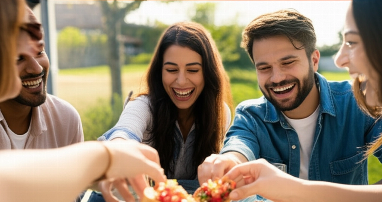 Amici caucasici sorridenti che condividono bruschette su un patio soleggiato, in un'atmosfera conviviale.