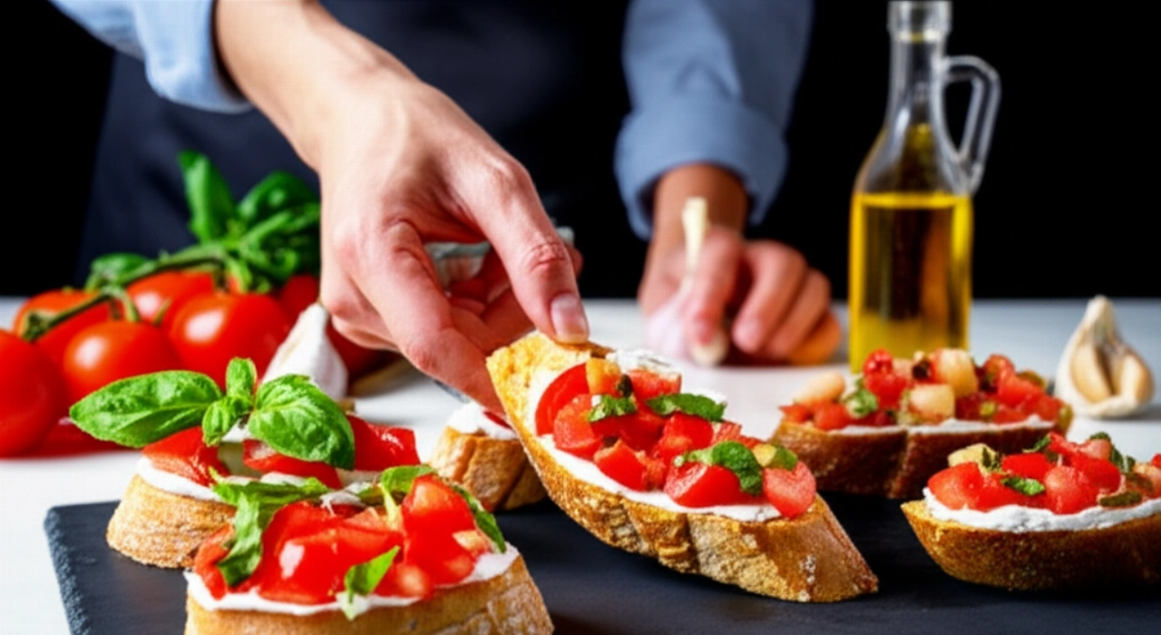 Composizione artistica di bruschette gourmet su un piatto di ardesia, con ingredienti freschi e una mano caucasica che le sistema.