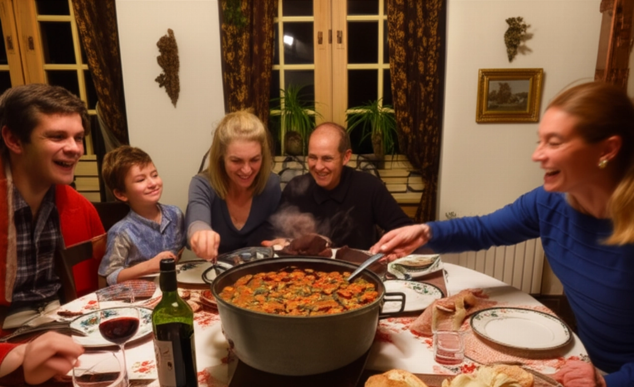 Кавказская семья делит большую тарелку Каччукко, улыбаясь в уютной и традиционной домашней обстановке.