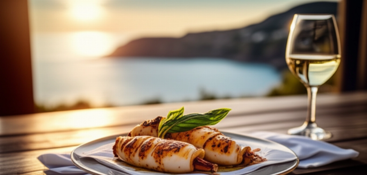 Teller mit gefüllten Tintenfischen, elegant auf einem Holztisch serviert, mit unscharfem Hintergrund einer mediterranen Küstenlandschaft und einem Glas Weißwein.
