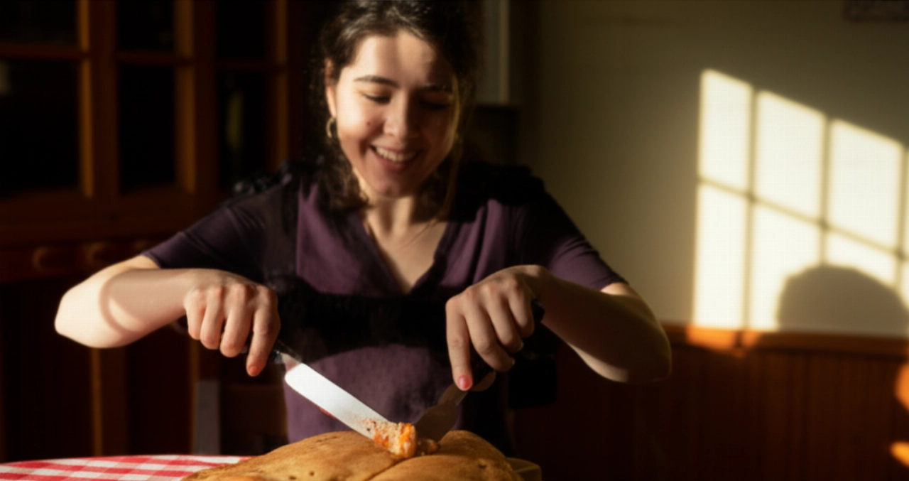 Una donna caucasica sorridente si appresta a tagliare un calzone al forno fumante su un tavolo da pranzo accogliente.