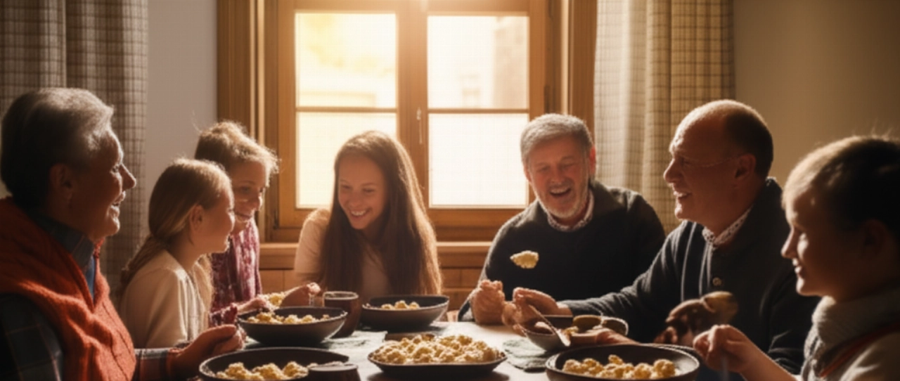 Scène cinématographique et photoréaliste d'une famille caucasienne multigénérationnelle partageant joyeusement des canederli dans un chalet alpin confortable, éclairé par une lumière naturelle chaude.
