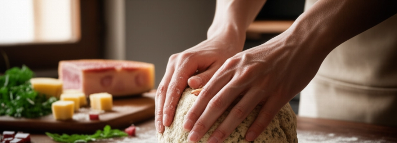 Gros plan hyperréaliste de mains caucasiennes façonnant délicatement la pâte à canederli sur une table en bois rustique, avec des ingrédients frais en arrière-plan.