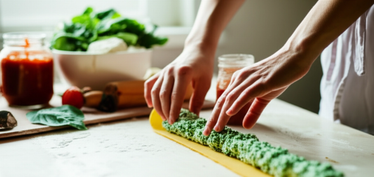 Mani caucasiche che arrotolano con cura un cannellone ripieno di ricotta e spinaci su un piano di lavoro da cucina, con ingredienti freschi sullo sfondo e luce naturale.