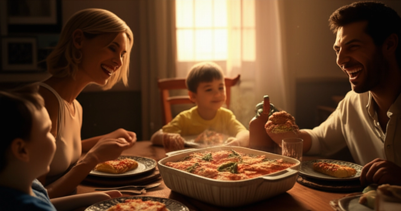 Una madre caucasica e il suo bambino sorridono a tavola, condividendo un piatto fumante di cannelloni ricotta e spinaci, in un'atmosfera calda e accogliente.