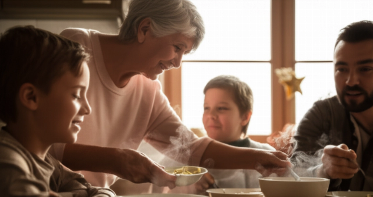 Scena iperrealistica di una famiglia caucasica che condivide una scodella di cappelletti in brodo in una cucina accogliente.