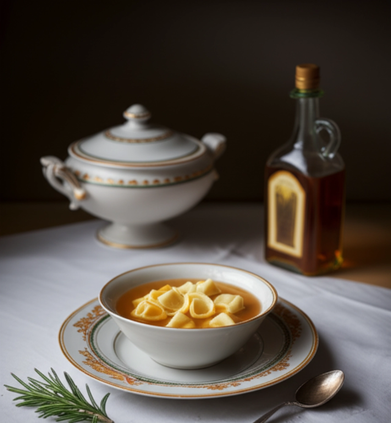 Natura morta iperrealistica ed elegante di una porzione di cappelletti in brodo su una tavola finemente apparecchiata.