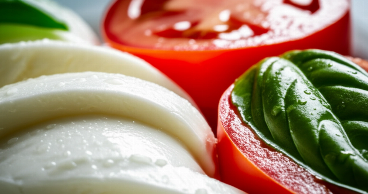 Un gros plan hyperréaliste et détaillé des ingrédients d'une Caprese : mozzarella de bufflonne, tomate mûre avec des gouttelettes d'eau et feuilles de basilic, avec une main caucasienne floue en arrière-plan.