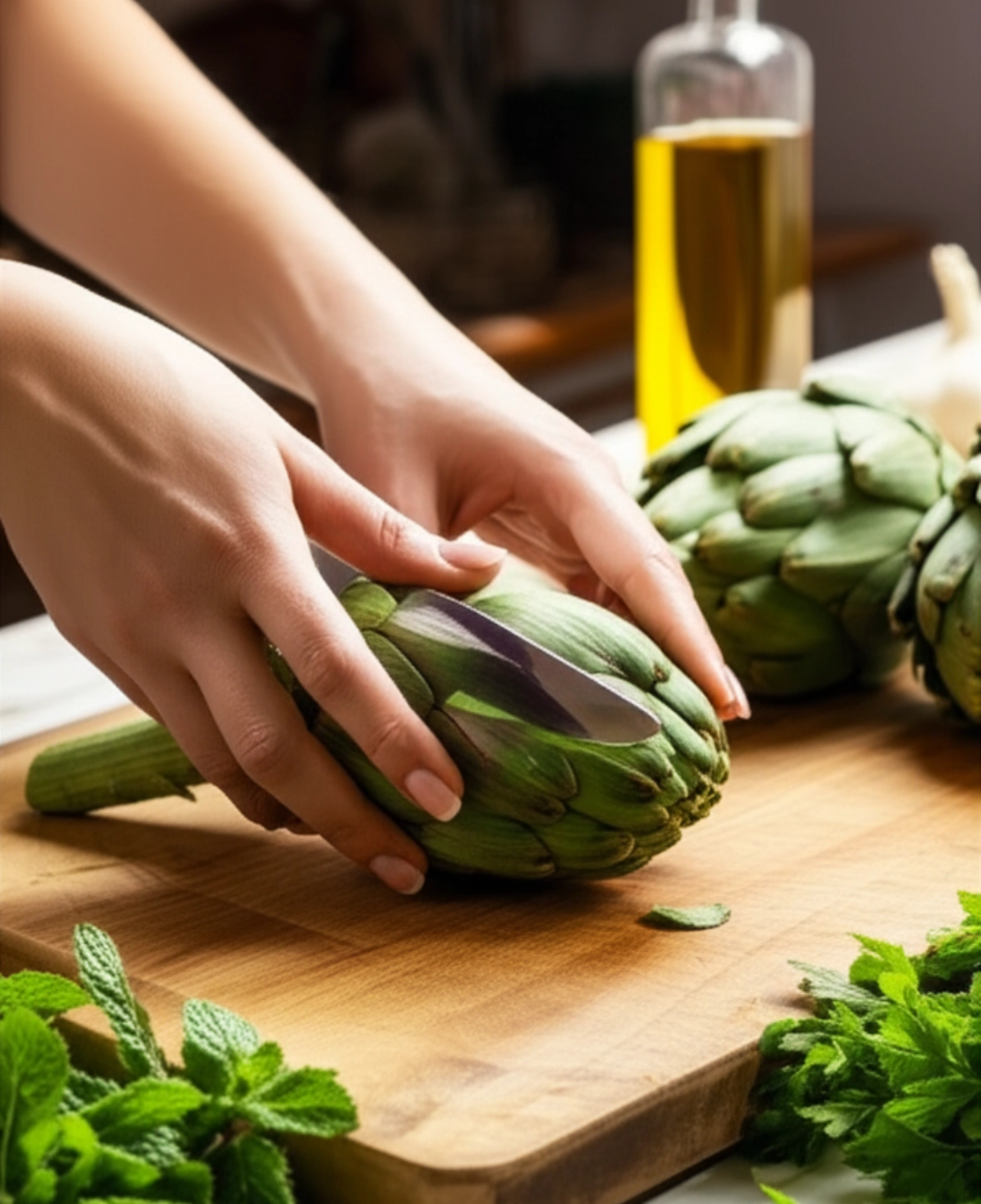 Mani caucasiche che preparano carciofi freschi su un tagliere di legno, con ingredienti come menta, prezzemolo e aglio, in una cucina italiana luminosa.