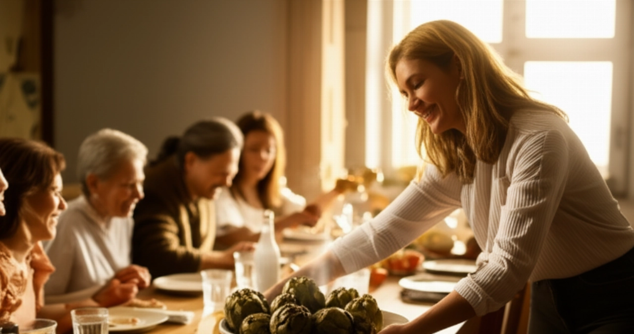 Una donna caucasica serve un piatto di Carciofi alla Romana su un tavolo da pranzo in legno, con la famiglia in sottofondo, illuminato da una luce calda e accogliente.