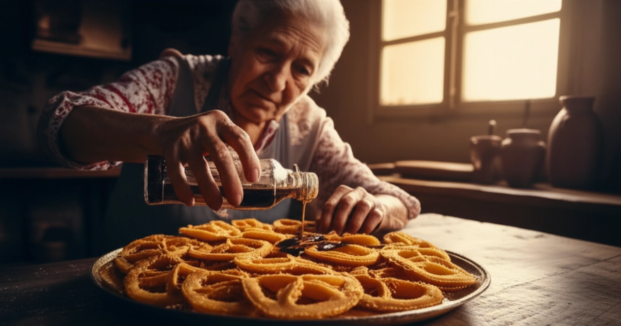 Una nonna caucasica con un sorriso gentile versa vincotto su cartellate appena fatte, illuminate dal sole in una cucina pugliese tradizionale.