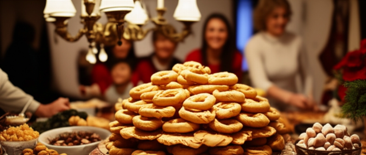 Un tavolo natalizio pugliese iperrealistico con un'abbondanza di cartellate e dolci tradizionali, con una famiglia caucasica sullo sfondo sfocato.