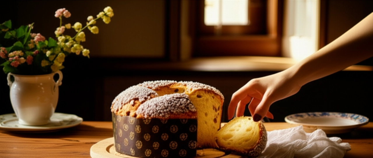 Традиционный Casatiello Dolce на деревянном столе в деревенской итальянской кухне, с кавказской рукой, собирающейся взять кусок, освещенный теплым естественным светом.