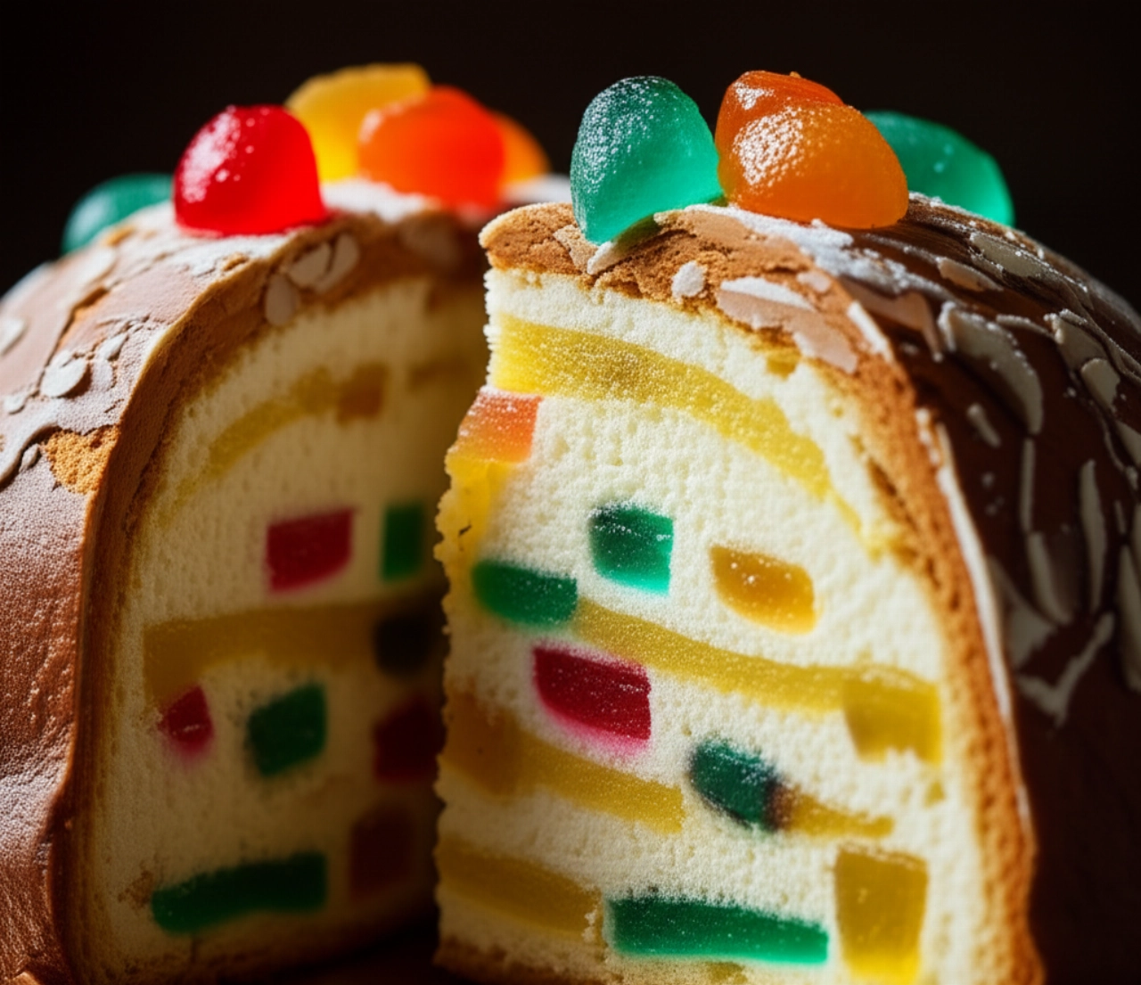 Primo piano iperrealistico di una fetta di Cassata Siciliana, che mostra gli strati colorati di ricotta, pan di Spagna, frutta candita e marzapane, con dettagli nitidi e luce morbida.