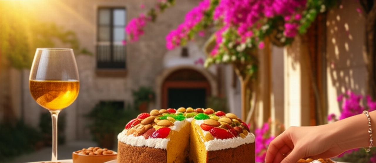 Scena iperrealistica di una Cassata Siciliana intera su un tavolo tradizionale siciliano, con una mano caucasica che si protende per prenderne una fetta, sullo sfondo un cortile soleggiato.