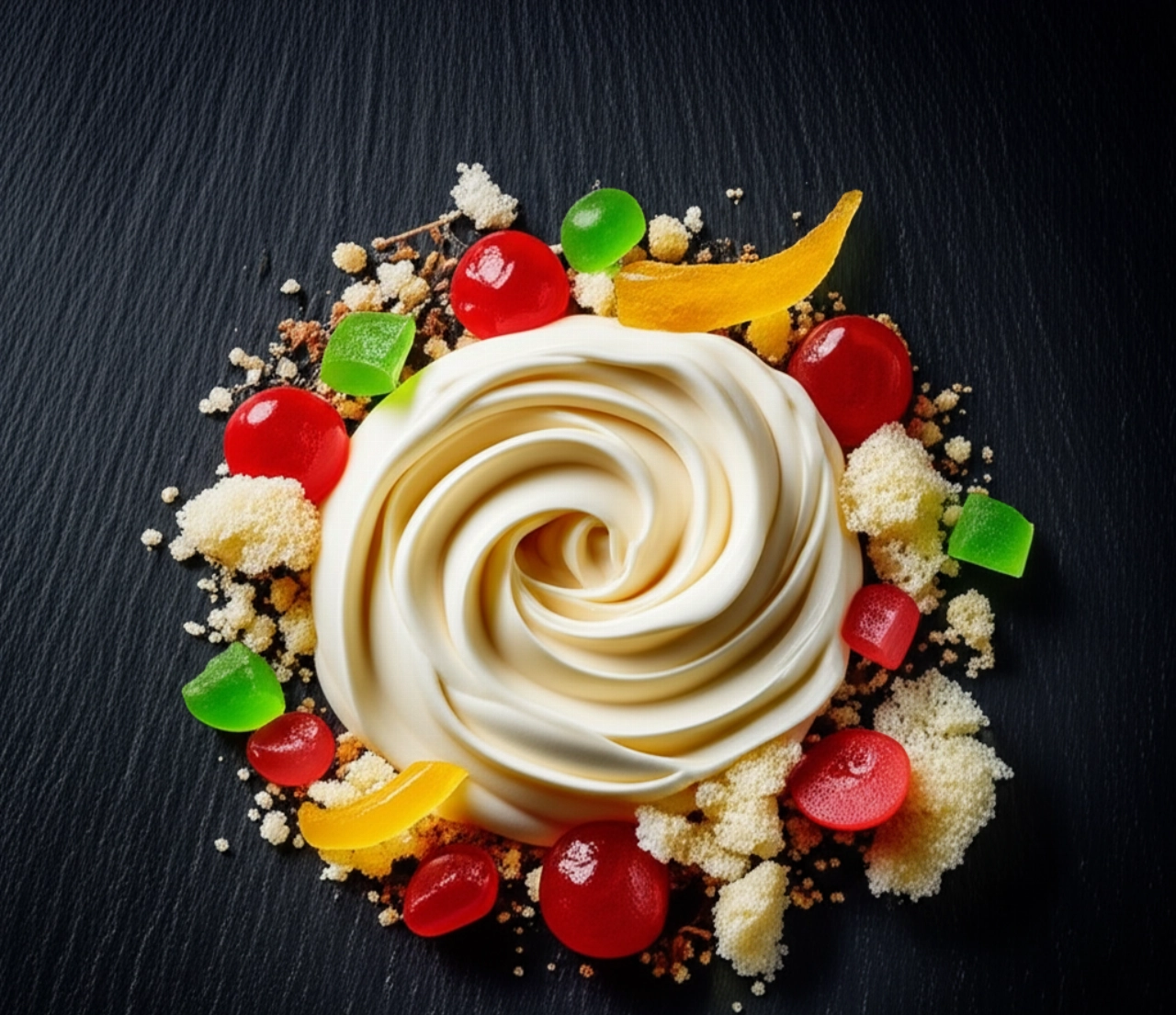 Immagine iperrealistica e artistica di una Cassata Siciliana decostruita, con ricotta, frutta candita e pan di Spagna disposti su un piatto di ardesia scuro, evidenziando colori e texture.